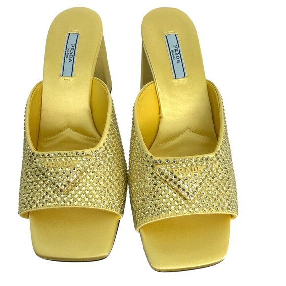 Prada Satin Crystal 1XX642 Ananas Yellow Slide Heel Mules Sandals, 36 & 38 - Picture 4 of 14